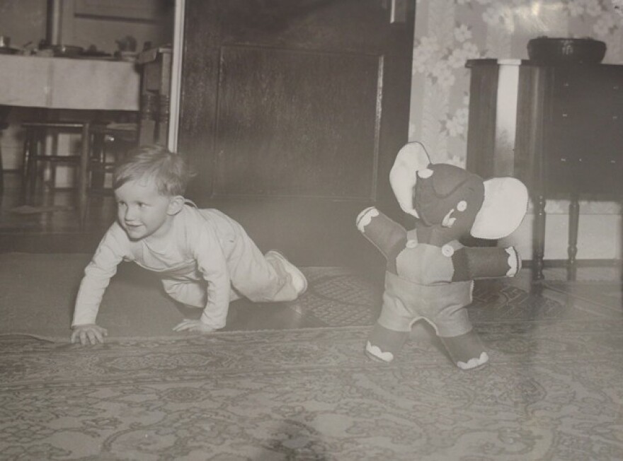 Paul Vick as a baby with his toy elephant "Frankie," given to him by Frank Sinatra.
