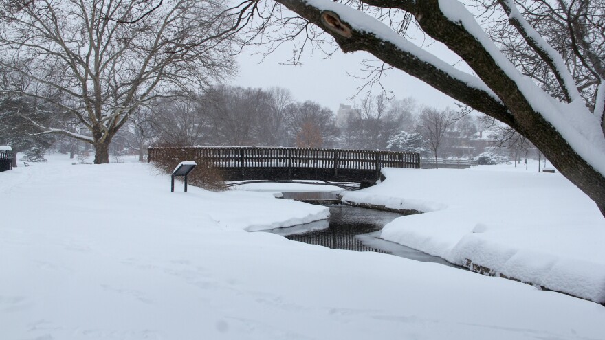 A snowy park scene. A bridge crosses a stream.