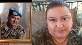 A side-by-side photo shows Patricia Ritchie in her Army uniform next to a picture of her currently in a camo shirt.