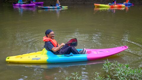 Heartland Conservation Alliance conservation project manager Damon Patterson kayaks near the Brown Recreation Area Boat Ramp last spring.