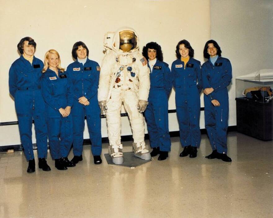 From left to right are Shannon W. Lucid, Margaret Rhea Seddon, Kathryn D. Sullivan, Judith A. Resnik, Anna L. Fisher, and Sally K. Ride. NASA selected all six women as their first female astronaut candidates in January 1978, allowing them to enroll in a training program that they completed in August 1979.