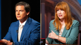 Left, Joe Mitchell sitting at table on Iowa PBS set. Right, Lindsay James sitting at a table on Iowa PBS set. 