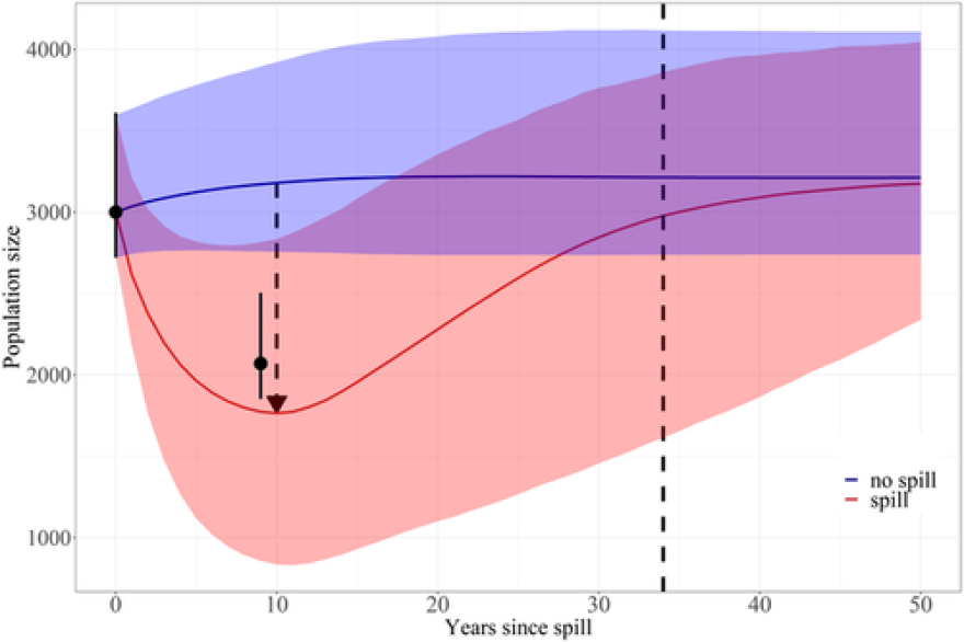 The graph shows scientists wondering what the trajectory of the Barataria Bay dolphin population might have been if the oil spill hadn't happened.