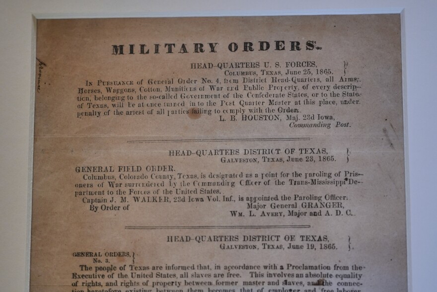 A view of a section of the 1865 Juneteenth General Order No. 3 that is displayed by the Dallas Historical Society at the Fair Park Hall of State in Dallas, Friday, June 6, 2025.