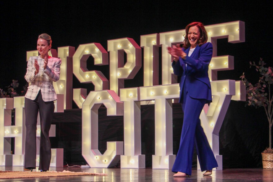 Former vice president Kamala Harris on stage at the Mahalia Jackson Theater with New Orleans Mayor Helena Moreno on Aug. 7, 2026.