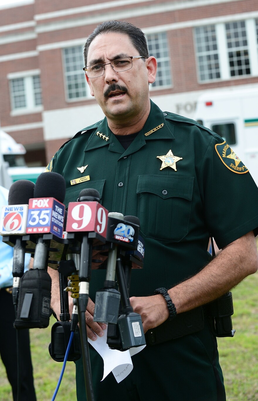 Marion County Sheriff Billy Woods speaks during a press conference in Ocala, Fla., in 2018. Woods sent an email Tuesday informing the approximately 900 people working in the department that "when you are on-duty/working as my employee and representing my Office – masks will not be worn," the Ocala<em> Star-Banner</em> reports.