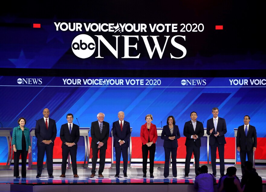Ten democratic presidential candidates appear onstage before the start of the Democratic Presidential Debate at Texas Southern University in Houston on Thursday. [Win McNamee / Getty Images]