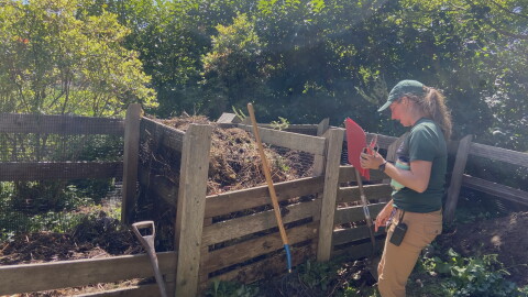 A woman stands at a compost pile.