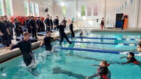 Coast Guard students run practice drills at Coast Guard Training Center at Yorktown.