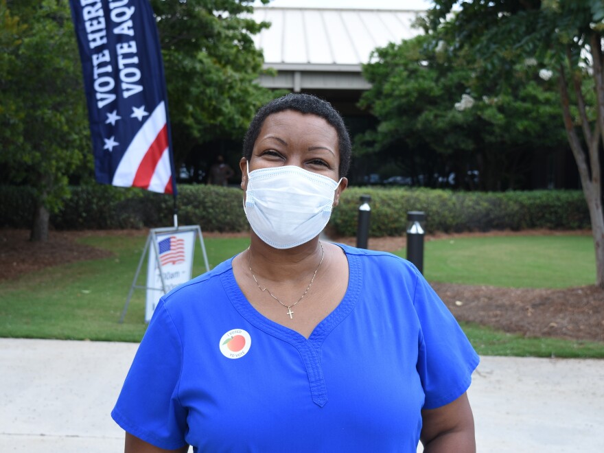 Angela Maddox after voting in a primary runoff in August.<em> </em>