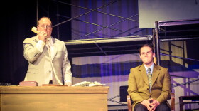 Real-life Roy Cohn [Peter Kimerling, left] intertwines with fictional characters like Joe Pitt [Matt Elenteny], a Mormon transplant from New York who, in Angels in America's opening scenes, tries to get a word in edgewise.