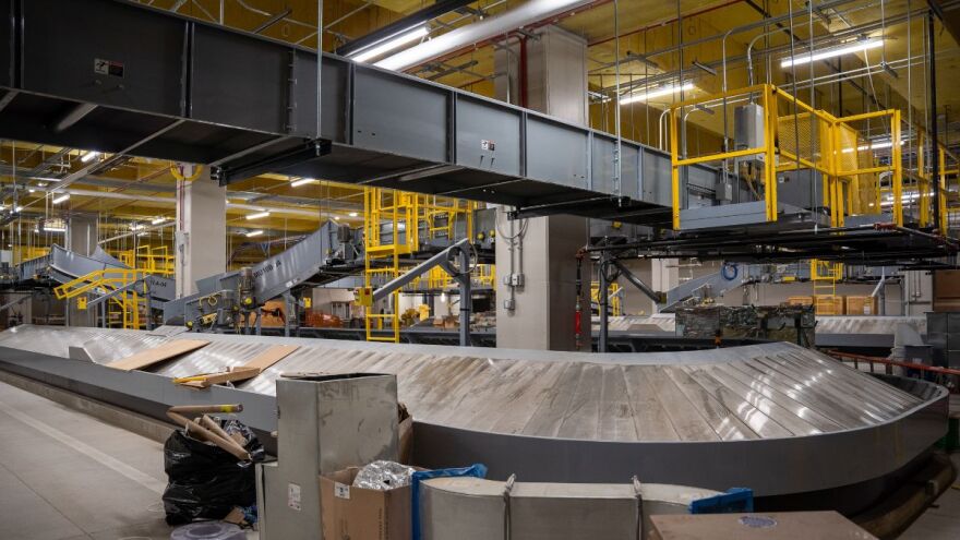 The underground baggage sorting area at the new terminal at the Kansas City International Airport. The project includes miles of baggage conveyors.