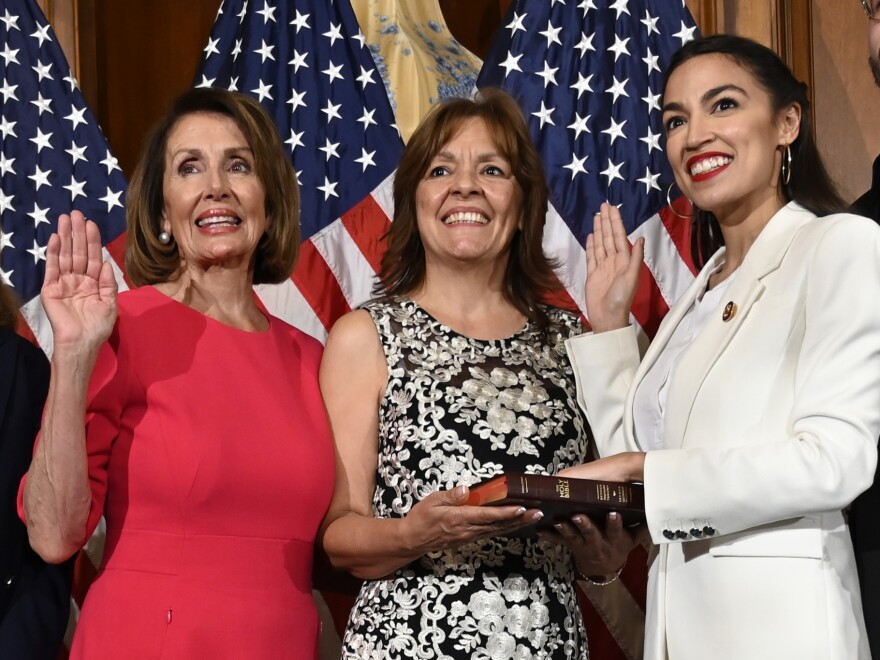 House Speaker Nancy Pelosi of California (left) is trying to move on from a public clash with Rep. Alexandria Ocasio-Cortez, D-N.Y., (right) and other progressives.