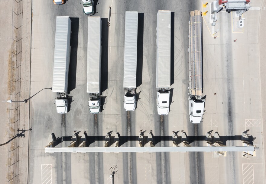 Cargo trucks from Mexico wait on the international Bridge of the Americas to go screening by U.S. Customs and Border Protection. The bridge connects Ciudad Juarez, Chihuahua with El Paso, Texas.