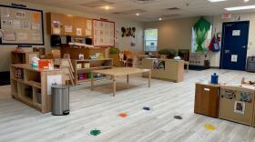 A classroom sits empty. 