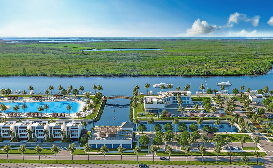 The proposed outcome for islands six and seven of the "Seven Islands" project in Northwest Cape Coral, off Old Burnt Store Road, are displayed by a 3D rendering from the front.