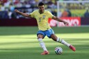FILE - Brazil's Casemiro (5) kicks the ball in the first half during the World Cup Group C soccer match between Brazil and Morocco in East Rutherford, N.J., near New York, Saturday, June 13, 2026.