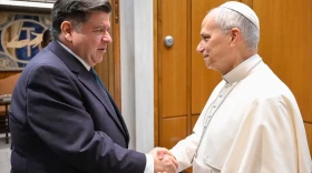 Illinois Gov. JB Pritzker shakes Pope Leo XIV’s during a meeting in Vatican City on Nov. 19, 2025.