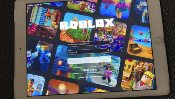 The gaming platform Roblox is displayed on a tablet, Oct. 30, 2021, in New York.  (Leon Keith/AP)