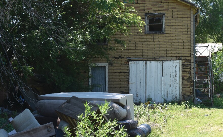 The shed where Anika Drew and Nicholas Stone stayed for a week before moving into a motel room on Friday, July 14, 2023, in Woodward, Oklahoma. Because the shed lacks windows, Drew said she and Stone had to endure the rain from recent storms.
