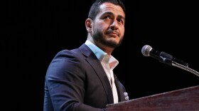 Abdul El-Sayed, a progressive candidate in the Democratic primary for U.S. Senate in Michigan, speaks during a primary election night event Wednesday, Aug. 5, 2026, at the Majestic Theatre in Detroit. (AP Photo/Julia Demaree Nikhinson)
