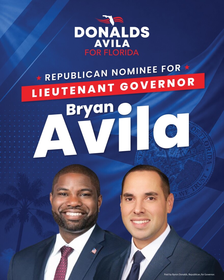 Republican gubernatorial candidate Byron Donalds named state Sen. Brian Avila, a Hialeah Republican, as his running mate, on Tuesday, August 25, 2026.