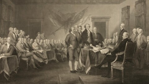 This image shows an 1876 engraving titled "Declaration of Independence, July 4th, 1776" made available by the Library of Congress. On that day, the Continental Congress formally endorsed the Declaration of Independence.