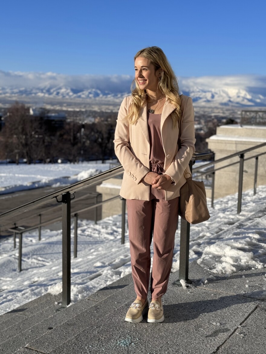 Caroline Gleich on the Utah State Capitol steps.