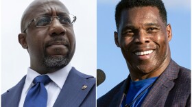 This photo composite shows Democratic Georgia Sen. Raphael Warnock, left, and his Republican challenger, Herschel Walker. The two are competing in a U.S. Senate runoff, which concludes Tuesday.