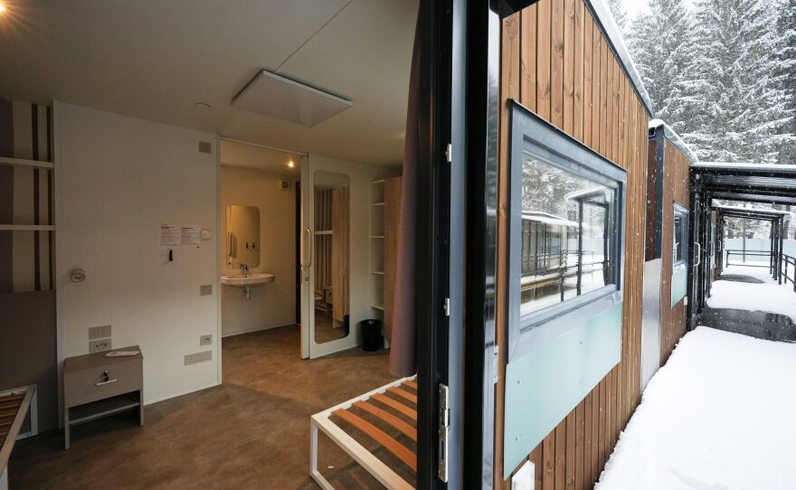 A view of the interior of one of the trailer homes at the athlete's village for the Cortina Milan Winter Olympics, in Cortina D'Ampezzo, Italy, Monday, Nov. 24, 2025. (AP Photo/Andrew Medichini)