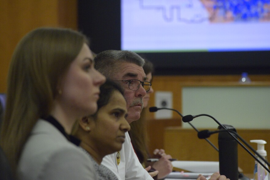 Mick Humer, background, presented to the Normal Town Council Monday.