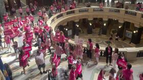 Abortion rights supporters gather for a "pink out" protest organized by Planned Parenthood in the rotunda of the Wisconsin Capitol, June 22, 2022, in Madison, Wis. Wisconsin. (Harm Venhuizen/AP)