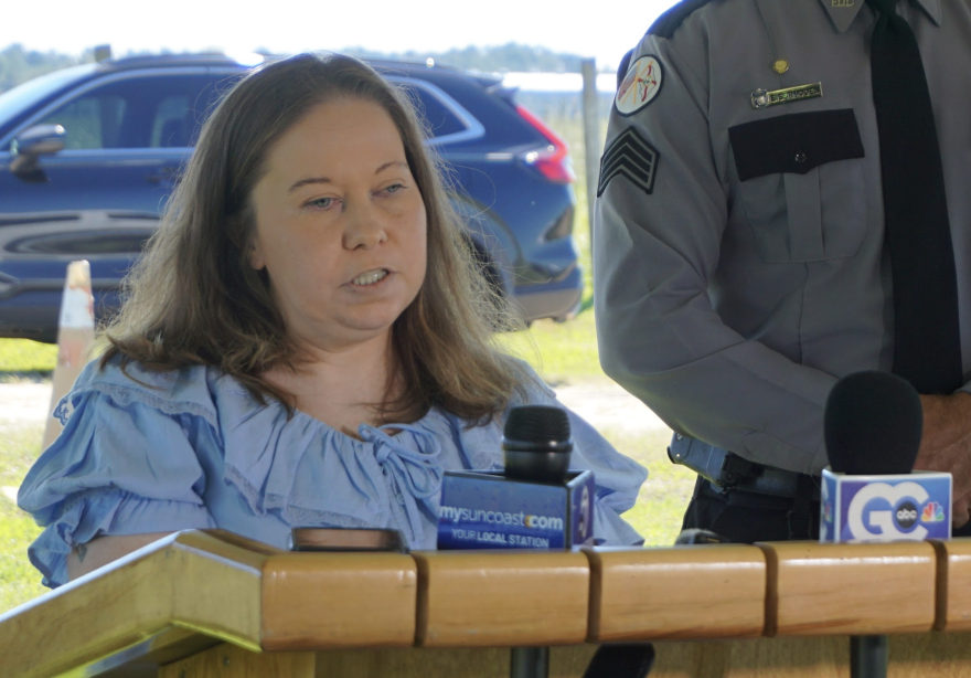 Rebecca Hart speaks about the murder of her father at a press briefing following his killer’s execution Tuesday, Oct. 13, 2026, in Raiford, Fla. (Alexa Ryan/WUFT)