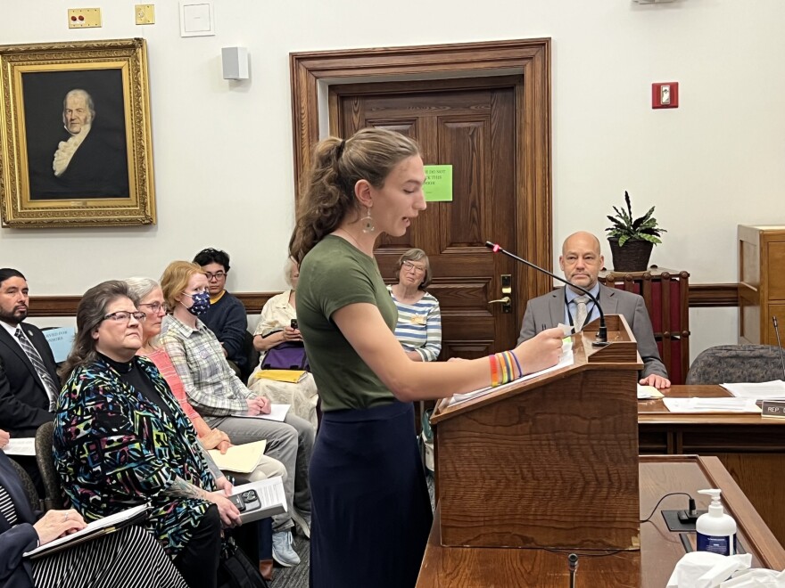 Soren Stark-Chessa, a transgender high school studen, testifies against a slate of bills that would rollback protections for transgender people and ban them from competing on girls' sports teams.