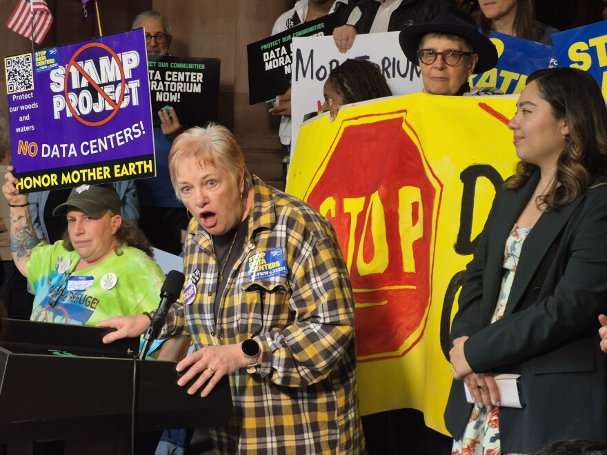 Cheryl Cordes of Alabama, Genesee County, speaks at a rally at the New York State Capitol supporting a data center moratorium on May 13, 2026.