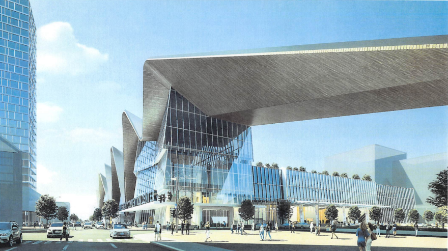 A rendering of what a redesigned Duke Energy Convention Center could look like, as seen from 5th Street and Elm.