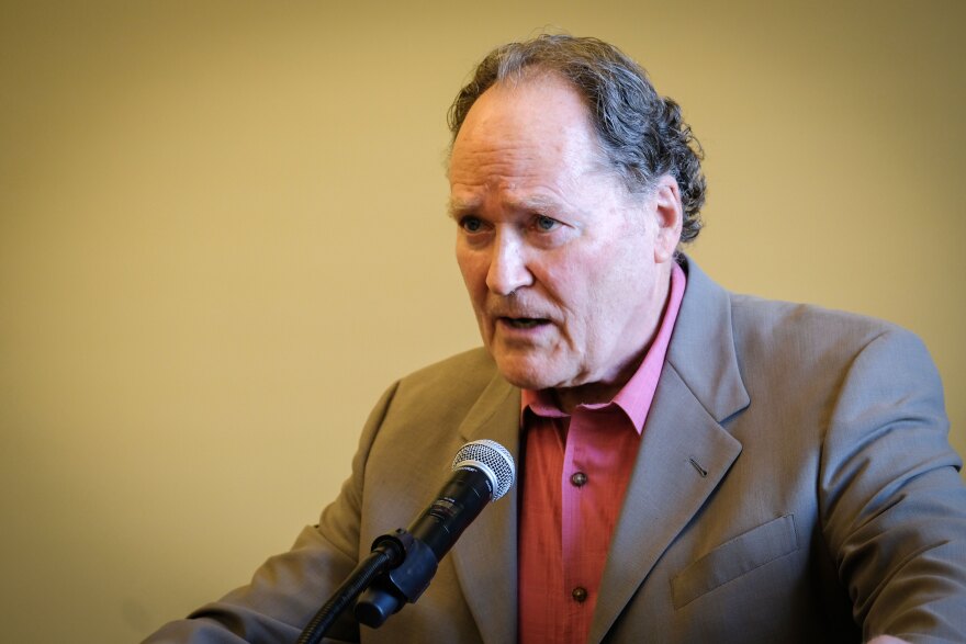 Utah Physicians for a Healthy Environment President Brian Moench addresses the media at the Utah State Capitol in Salt Lake City, Aug. 17, 2026, announcing that his organization and two other advocacy groups are filing a Federal Trade Commission complaint against pro-nuclear energy billboards sponsored by the state.