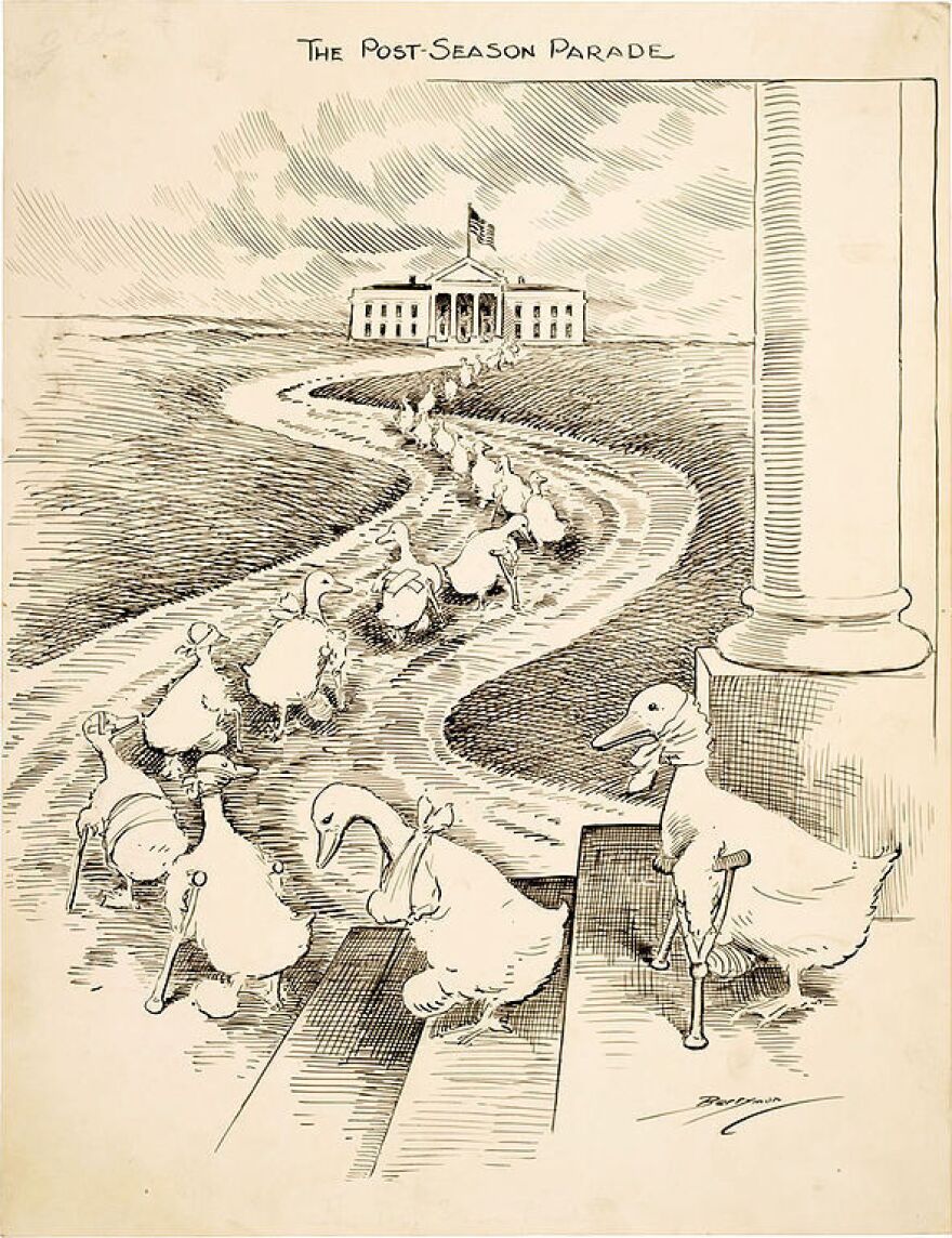 This 1915 cartoon highlights the biennial departure of "lame duck" members of Congress after losing re-election. This illustration is meant to depict defeated Democrats heading to the White House in hopes of securing political appointments from President Woodrow Wilson.
