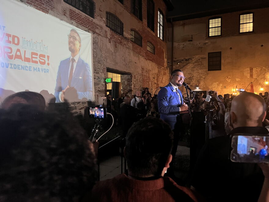State Rep. David Morales speaks to supporters in Providence on Wednesday night after winning the Democratic primary for mayor. Credit: David Wright/Ocean State Media