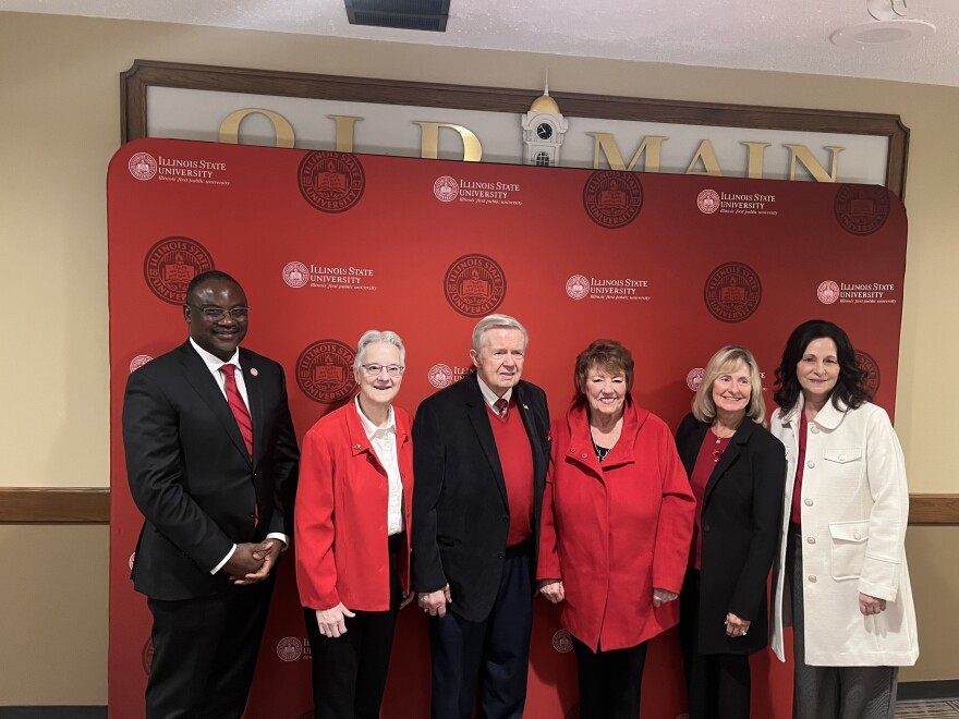 A picture left to right of ISU President Aondover Tarhule, Leanna Bordner, Bob and July Dobski, ISU Trustees Chair Karin Bohn, and ISU Athletics Director Jeri Beggs.