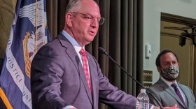  Gov. John Bel Edwards addresses members of the press as State Health Officer Dr. Joseph Kanter looks on. November 5, 2020.