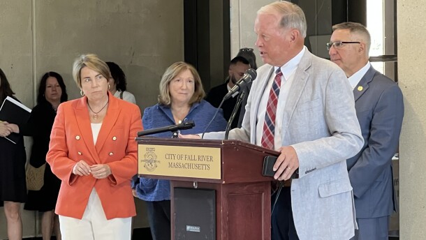 Fall River Mayor Paul Coogan speaks at Fall River City Hall after meeting with Gov. Maura Healey, left, to discuss the July 13 fire at the Gabriel House assisted living facility. Pictured with them are Aging & Independence Secretary Robin Lipson and state Sen. Michael Rodrigues, July 22, 2025.