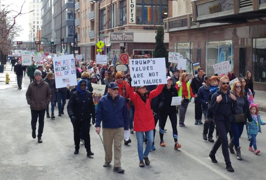 Demonstrators on Race Street during the 2018 Women's March.