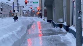 Pedestrians avoided icy sidewalks in downtown Fairbanks on Sunday, Dec.26, 2021. (Jeff Chaucer, via Fairbanks Daily News-Miner)
