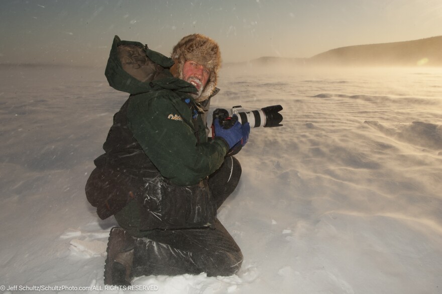 Jeff Schultz portrait on Iditarod in blowing snow and 30 mph winds shortly after leaving the Ruby checkpoint. 