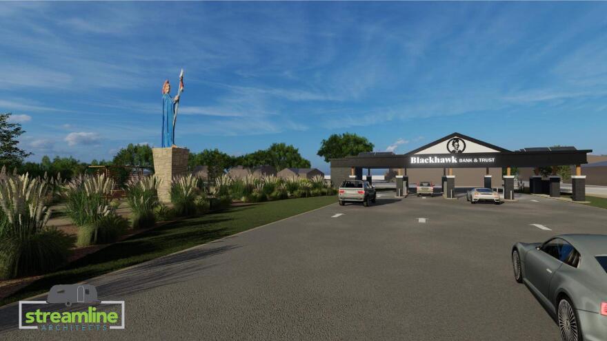 a drawing of what the new bank location will look like, with Blackhawk restored.