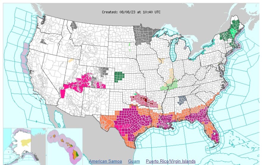  The entire state of Florida was listed under heat alerts Tuesday, along with sizeable portions of the southwestern United States.<a  href="https://www.weather.gov/" target="_blank" link-data="{"cms.site.owner":{"_ref":"0000016e-ccea-ddc2-a56e-edfe6d350000","_type":"ae3387cc-b875-31b7-b82d-63fd8d758c20"},"cms.content.publishDate":1691492063209,"cms.content.publishUser":{"_ref":"00000182-d11c-d9c3-afd3-d71f26960000","_type":"6aa69ae1-35be-30dc-87e9-410da9e1cdcc"},"cms.content.updateDate":1691492063209,"cms.content.updateUser":{"_ref":"00000182-d11c-d9c3-afd3-d71f26960000","_type":"6aa69ae1-35be-30dc-87e9-410da9e1cdcc"},"cms.directory.paths":[],"anchorable.showAnchor":false,"link":{"attributes":[],"cms.directory.paths":[],"target":"NEW","attachSourceUrl":false,"url":"https://www.weather.gov/","_id":"00000189-d4c8-da6c-a1cd-fce88d030001","_type":"ff658216-e70f-39d0-b660-bdfe57a5599a"},"_id":"00000189-d4c8-da6c-a1cd-fce88d030000","_type":"809caec9-30e2-3666-8b71-b32ddbffc288"}">https://www.weather.gov/</a>