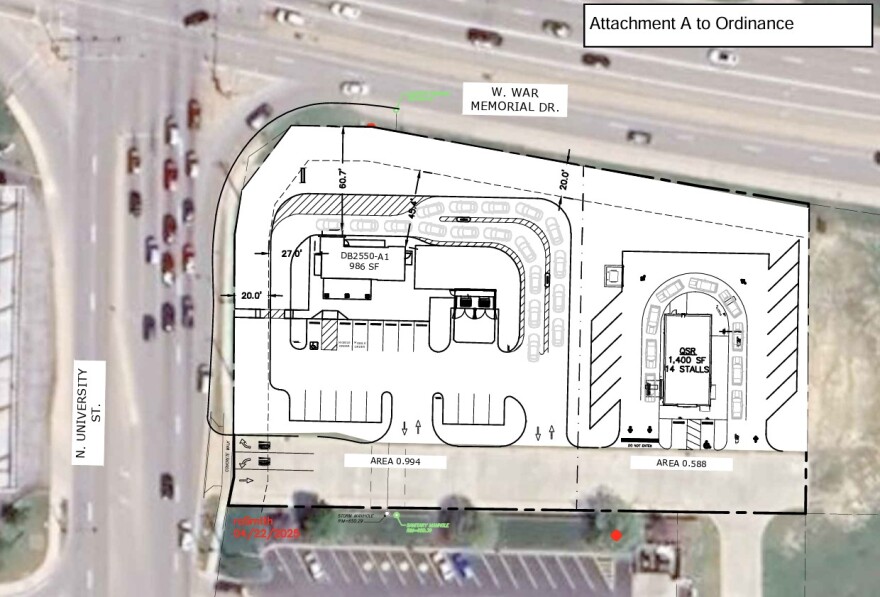 A rendering on top of an aerial image shows the proposed development of two drive-through businesses at the southeast corner of the intersection of War Memorial Drive and University Street in Peoria.