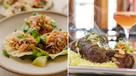 Side-by-side photos of elegantly plated lettuce wraps and a lamb shank on a bed of rise with steam rising from it.