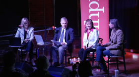 Republican Lily Tang Williams (center right) and Democrat Maggie Goodlander (right) met on Oct. 15 in Keene for a forum moderated by NHPR's Annmarie Timmins (left) and the Keene Sentinel's Rick Green (center left).